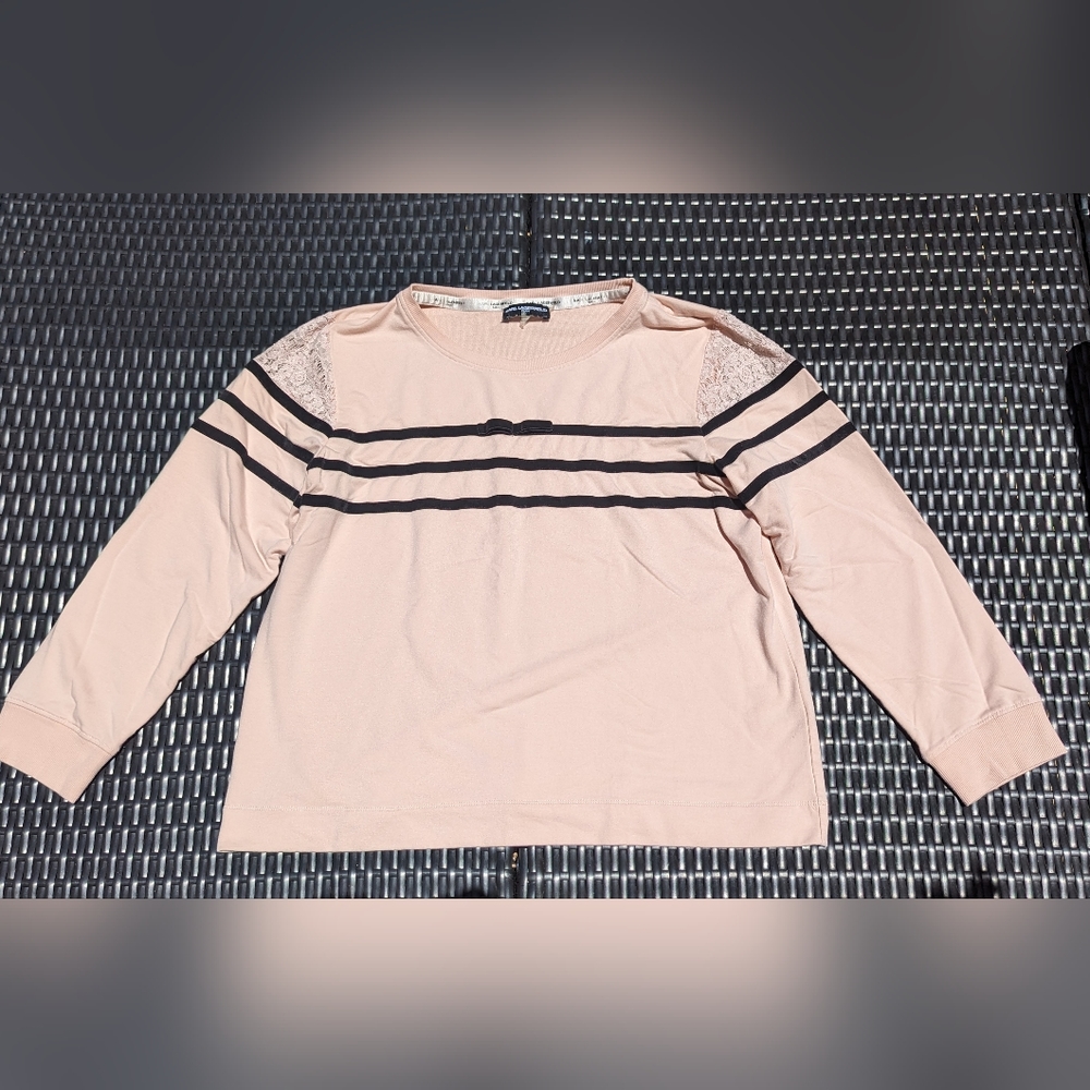 Karl Lagerfeld Women's Size Large Pink Sweater with Black Stripes and Bow